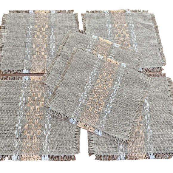 Set of 6 Woven Cocktail Napkins Doilies Tan Peach White Unfinished Fringed Edge - Picture 1 of 6